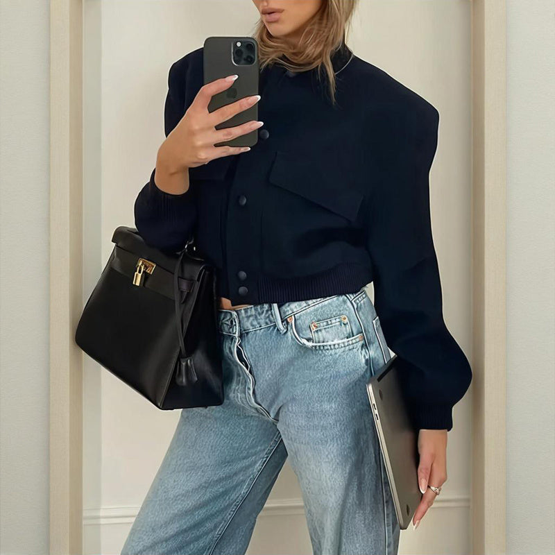 Women's Solid Color Long Sleeve Baseball Jacket With Button Front & Pockets - Casual Short Jacket For Spring&Fall - Sureru