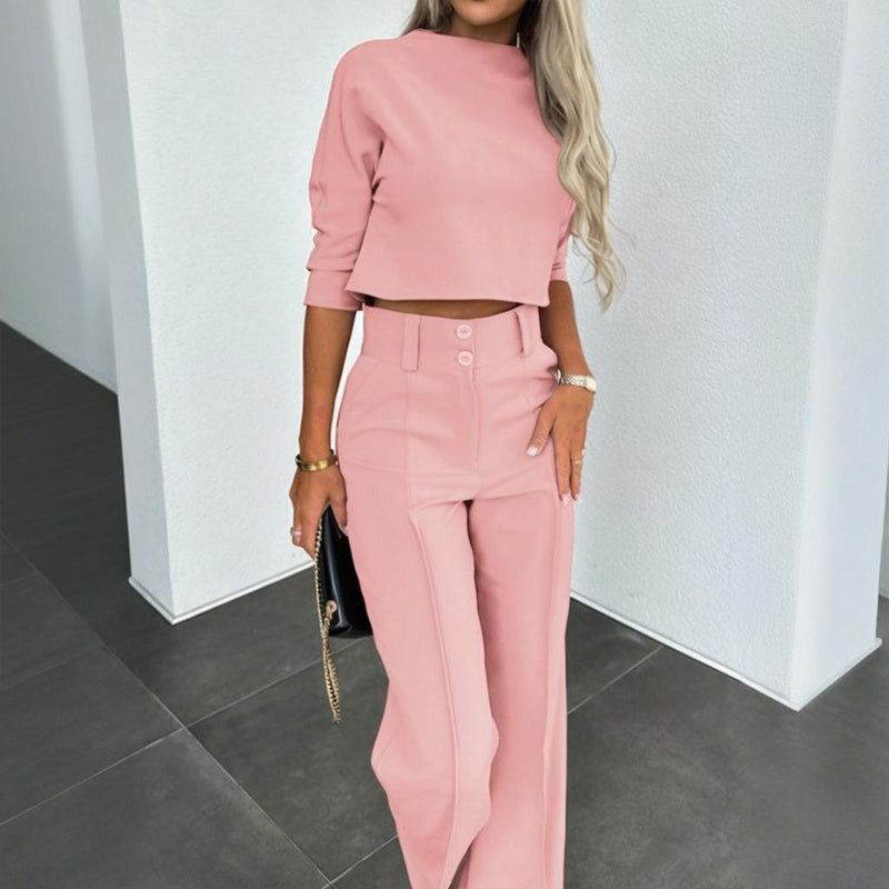 Women's Elegant Solid Color Half Sleeve Short Top With Straight Leg Pants Two-Piece Office Wear Suit With Pockets - Sureru