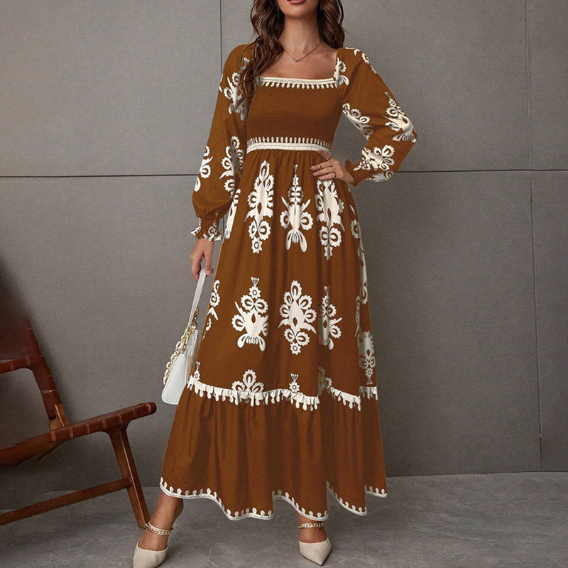 Elegant Women's Retro Geometric Print Lantern Sleeve Dress - Square Neck A-Line With Elastic Cuffs, Casual & Formal Dress - Sureru