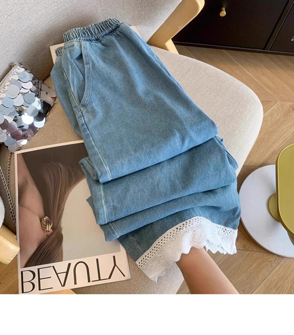 Sweet Style Lace Spliced Hollow Denim Pants – Elastic Waist, Nine-Point Fit - Sureru