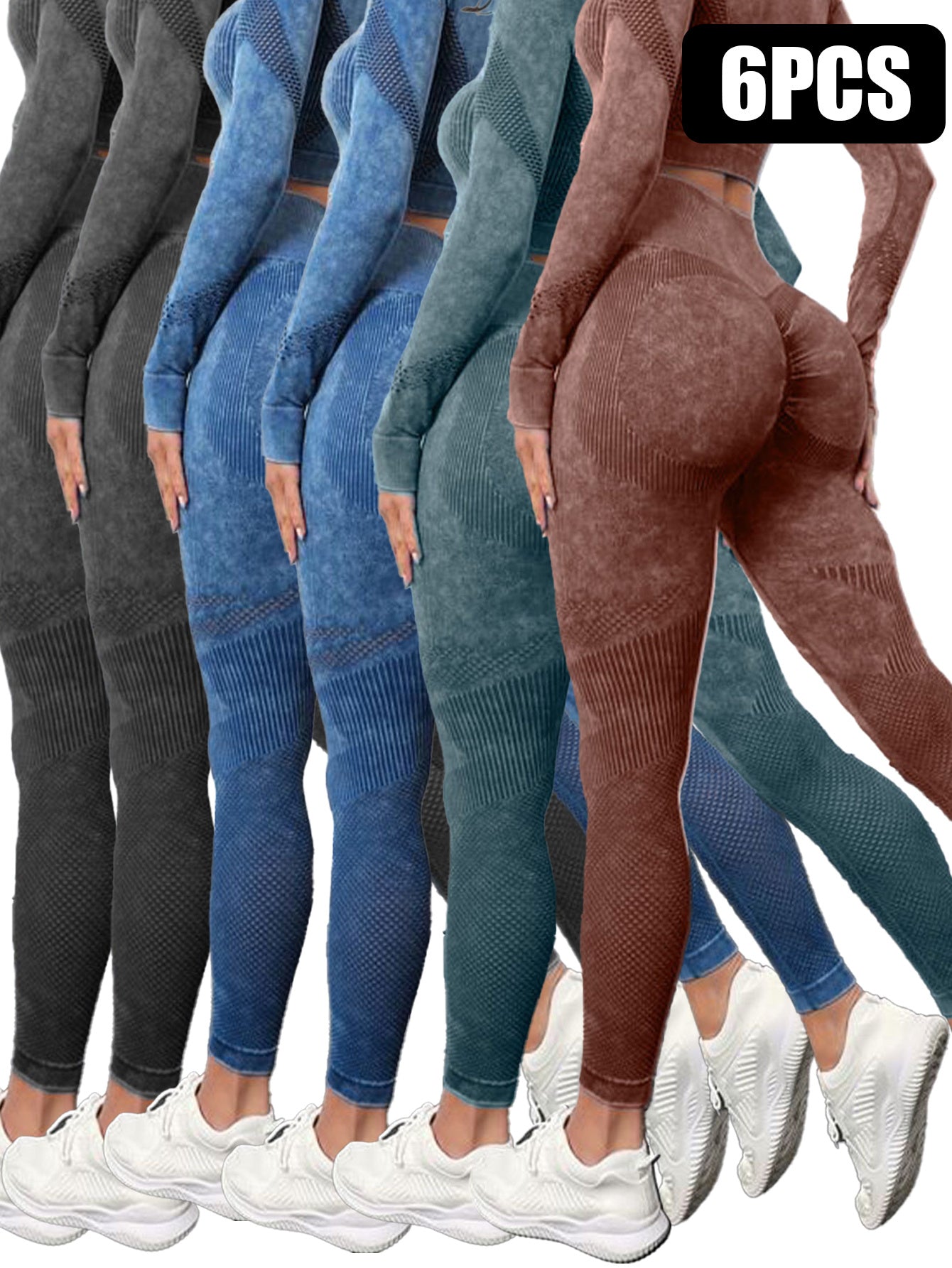 6 Pack Mesh Cut Out Leggings For Women Tights Breathable Workout Tummy Control Pants - Sureru