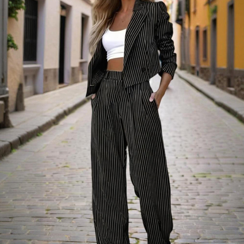 Women's Solid & Striped Long Sleeve Blazer Suit Set - Button-Up Cropped Top With Pleated Pants, Office Work Wear - Sureru