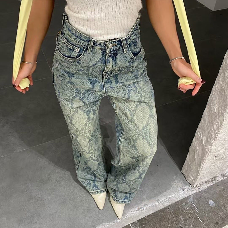 Snake Pattern Low-Waist Straight Denim Pants - Sureru
