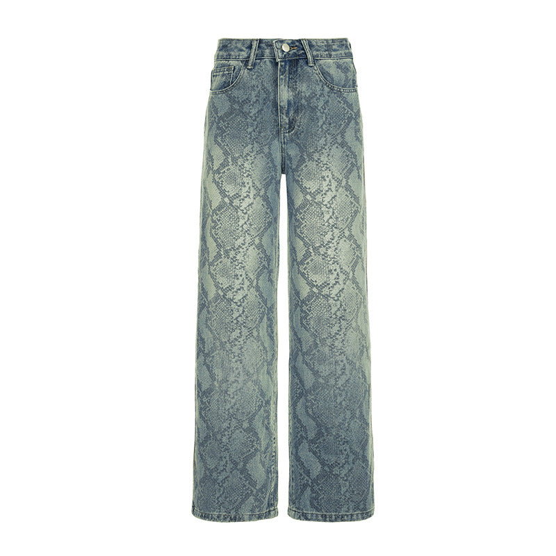 Snake Pattern Low-Waist Straight Denim Pants - Sureru