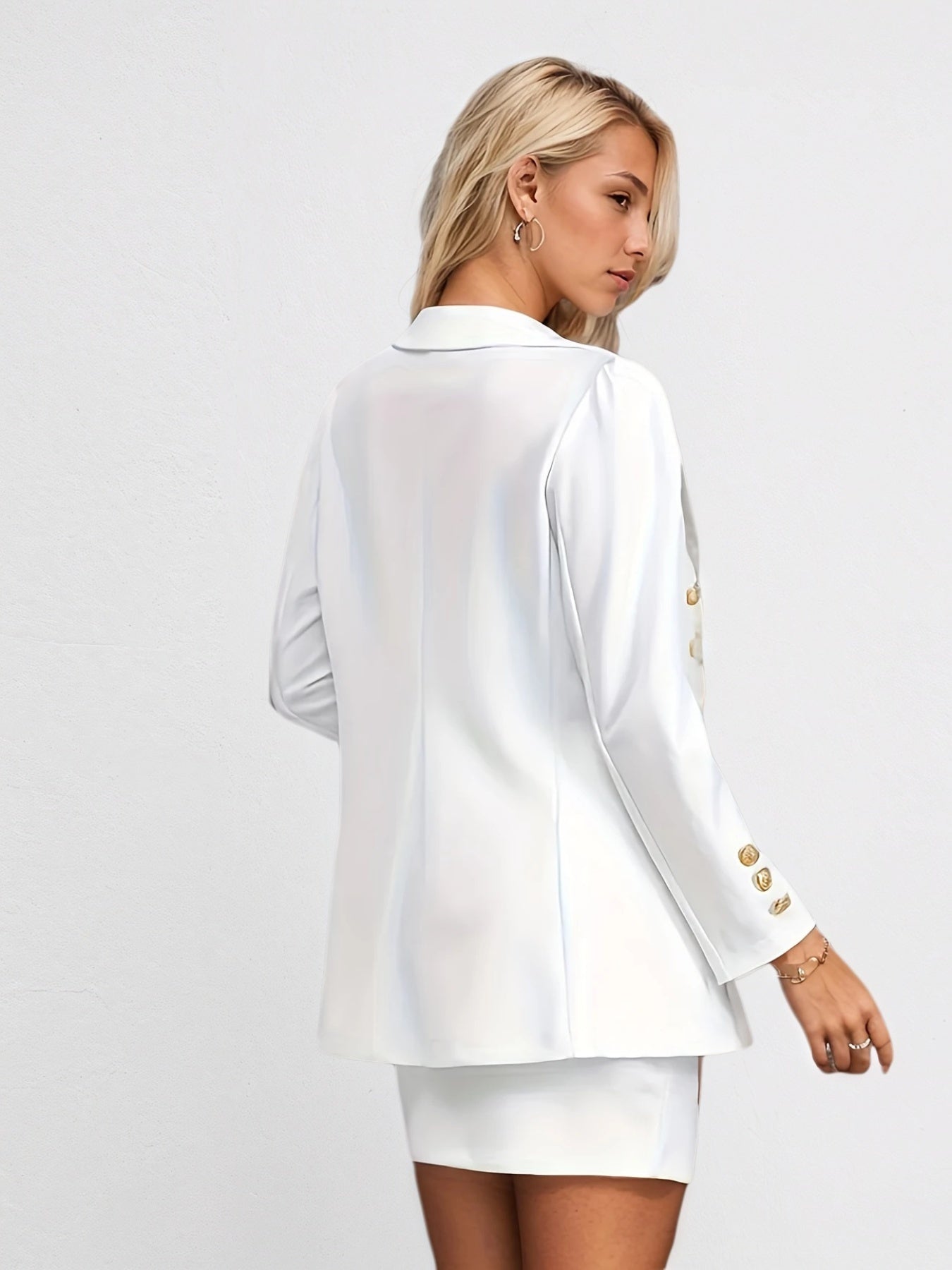 Women’s Pure White Long-Sleeved Skirt Set – Lapel Suit Jacket with Double-Breasted Closure - Sureru