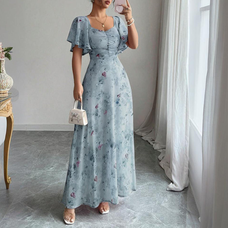 Women's Solid Color Square Neck Short Sleeve Butterfly Print Flowy Dress A-Line Summer Vacation Maxi Dress - Sureru