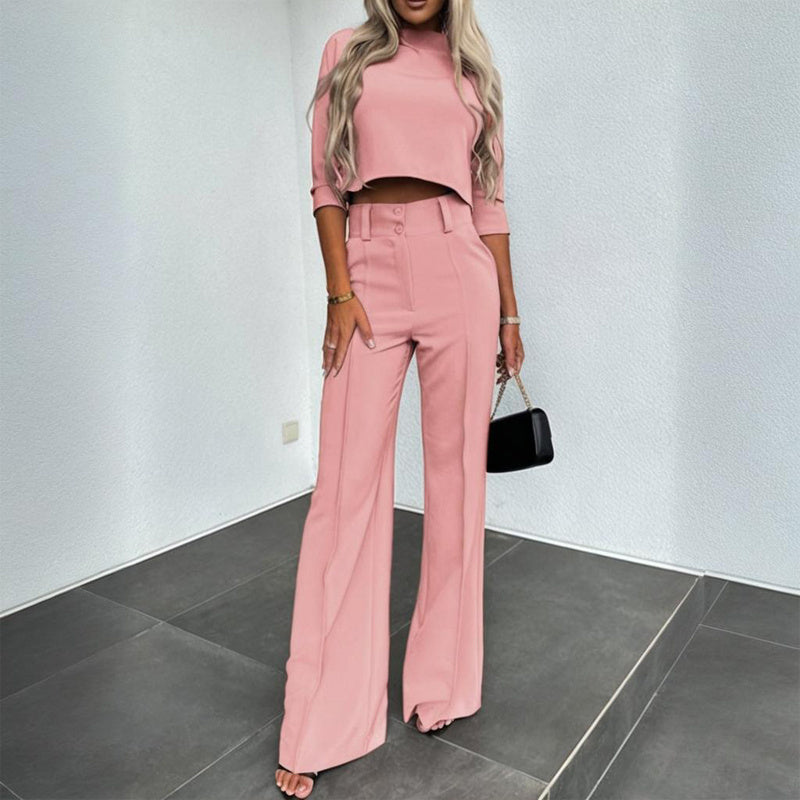 Women's Elegant Solid Color Half Sleeve Short Top With Straight Leg Pants Two-Piece Office Wear Suit With Pockets - Sureru