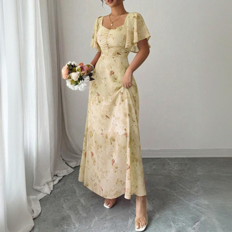 Women's Solid Color Square Neck Short Sleeve Butterfly Print Flowy Dress A-Line Summer Vacation Maxi Dress - Sureru