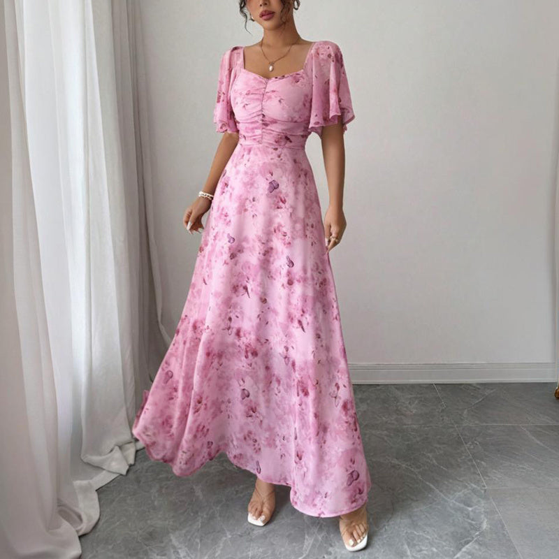 Women's Solid Color Square Neck Short Sleeve Butterfly Print Flowy Dress A-Line Summer Vacation Maxi Dress - Sureru