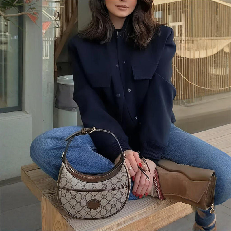 Women's Solid Color Long Sleeve Baseball Jacket With Button Front & Pockets - Casual Short Jacket For Spring&Fall - Sureru