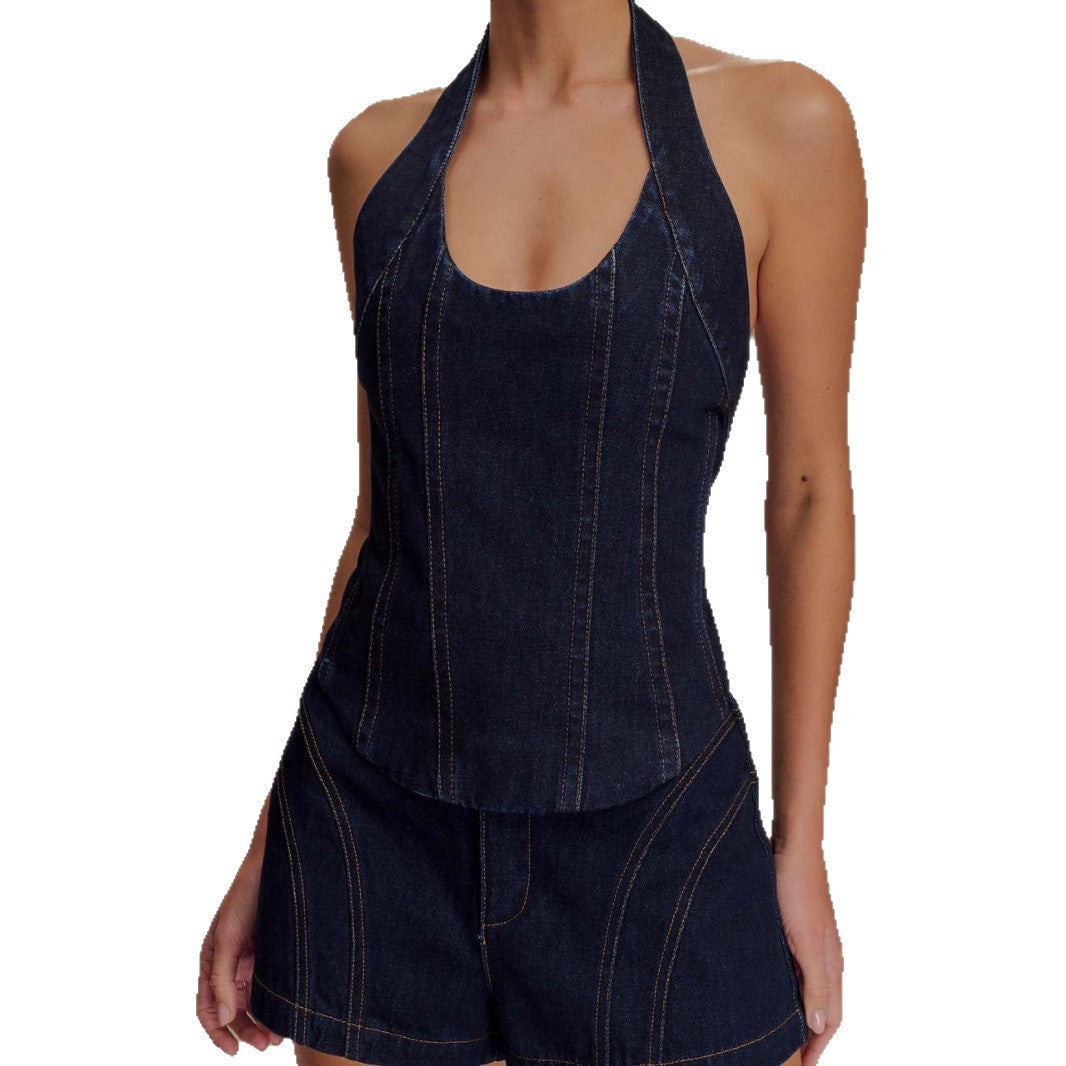 Halter Fashion Denim Suit Shorts – Trendy Streetwear Set - Sureru