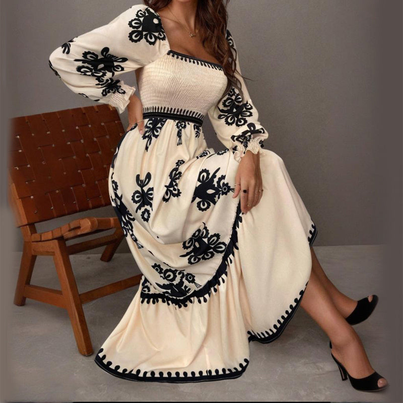 Elegant Women's Retro Geometric Print Lantern Sleeve Dress - Square Neck A-Line With Elastic Cuffs, Casual & Formal Dress - Sureru