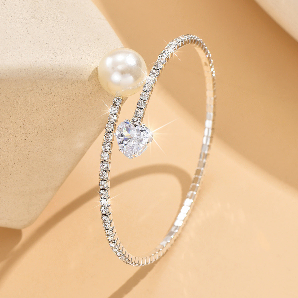 Women’s Pearl Heart Full Diamond Bracelet – Elastic Fit Jewelry - Sureru
