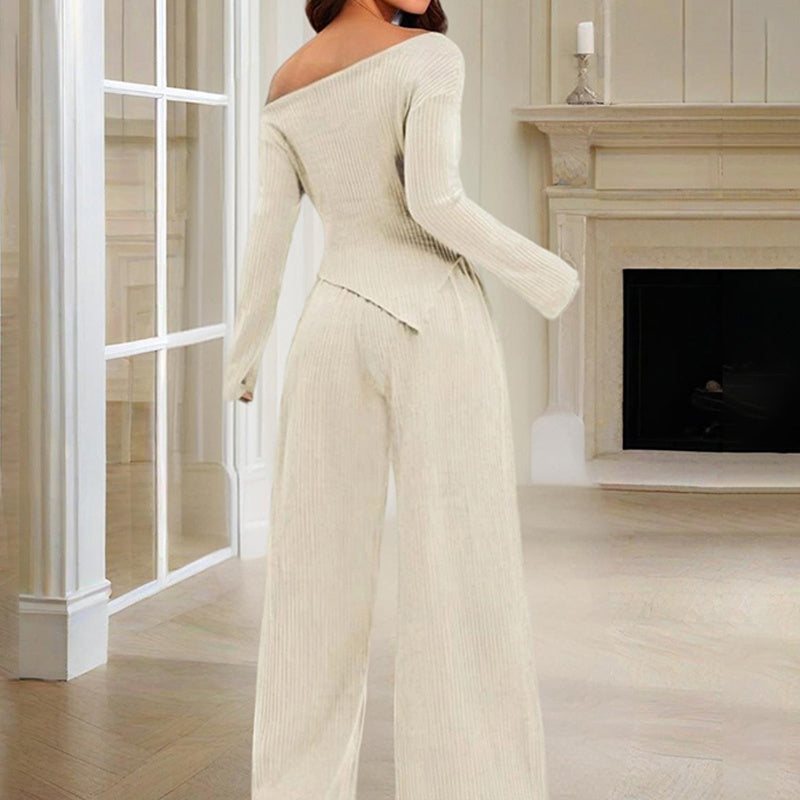 Women’s Off-Shoulder Lace Detail Matching Set – Asymmetrical Hem & Stretch Fabric - Sureru