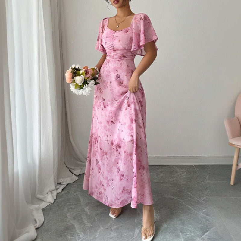 Women's Solid Color Square Neck Short Sleeve Butterfly Print Flowy Dress A-Line Summer Vacation Maxi Dress - Sureru