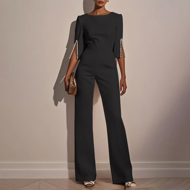 Women's Elegant Round Neck Jumpsuit - Mid-Sleeve With Side Slit Cuffs & Pearl Accents, Back Zipper Design For Casual To Formal Events - Sureru