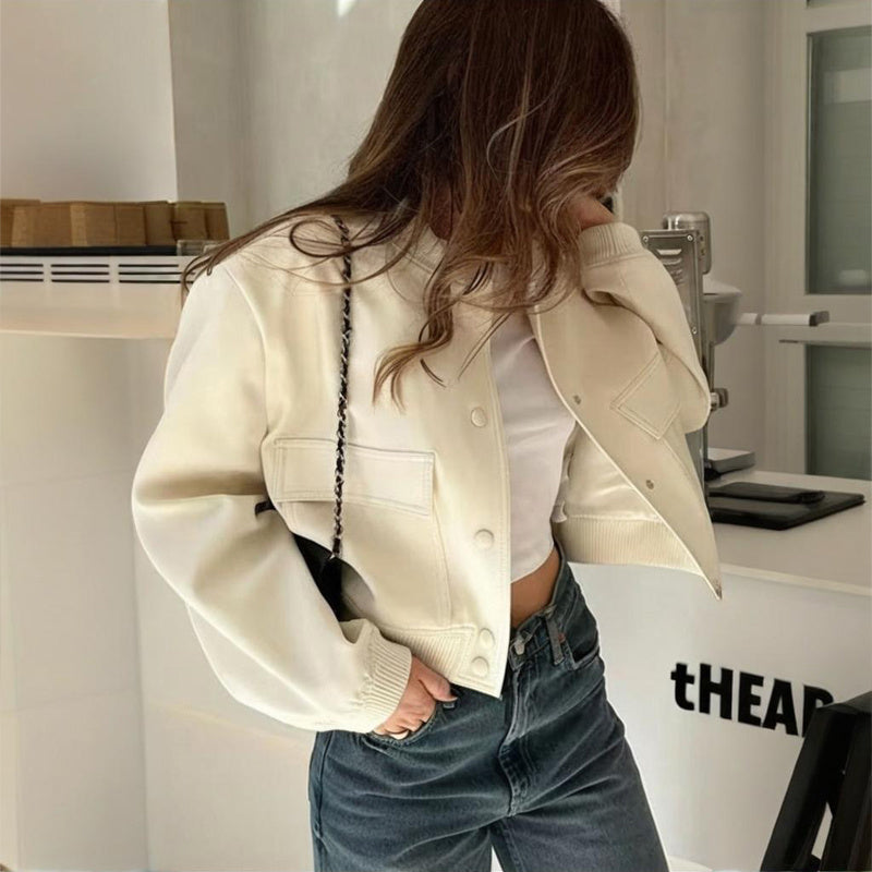 Women's Solid Color Long Sleeve Baseball Jacket With Button Front & Pockets - Casual Short Jacket For Spring&Fall - Sureru