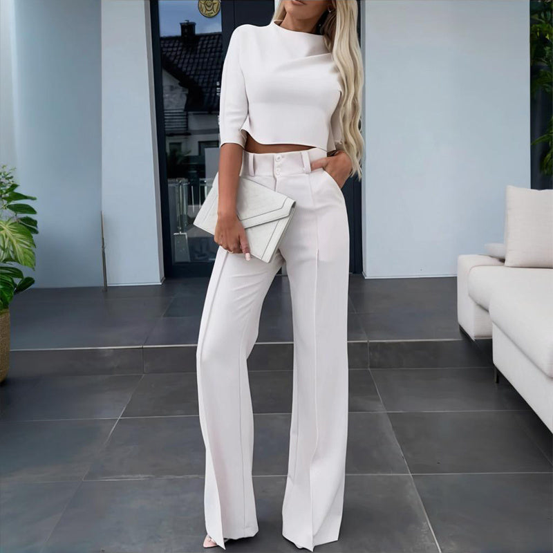 Women's Elegant Solid Color Half Sleeve Short Top With Straight Leg Pants Two-Piece Office Wear Suit With Pockets - Sureru