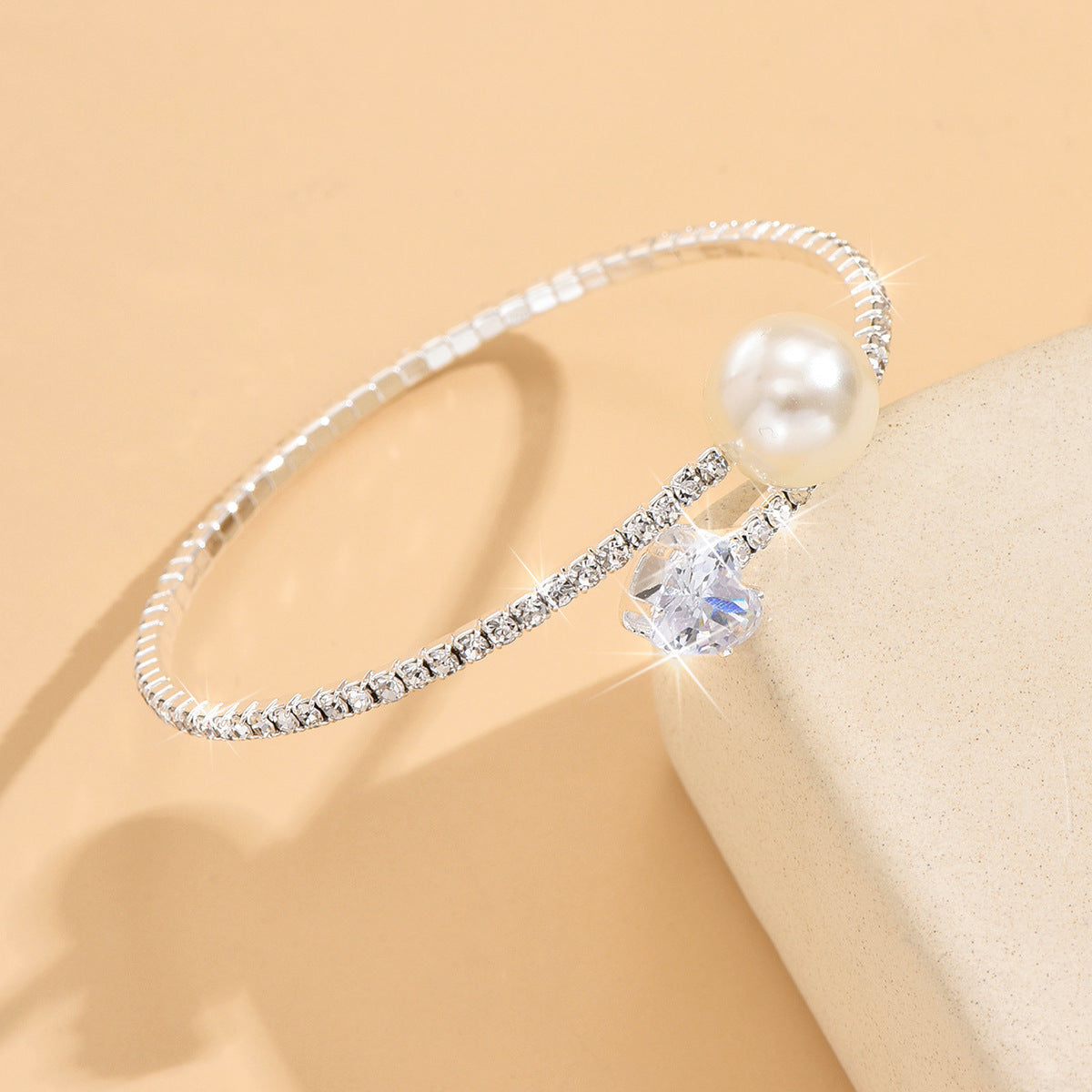 Women’s Pearl Heart Full Diamond Bracelet – Elastic Fit Jewelry - Sureru