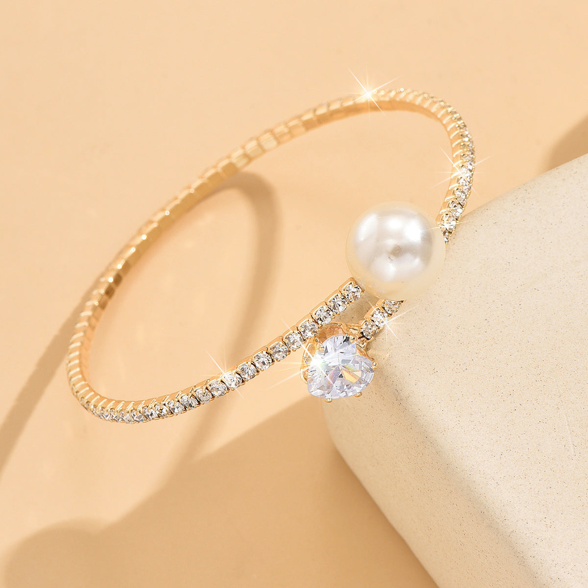 Women’s Pearl Heart Full Diamond Bracelet – Elastic Fit Jewelry - Sureru