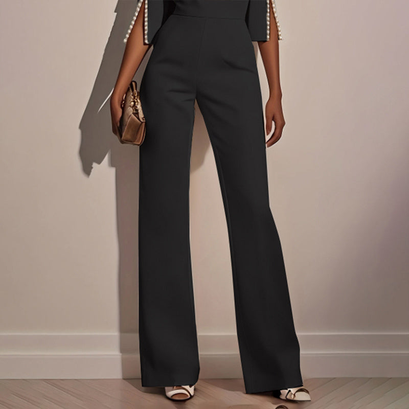Women's Elegant Round Neck Jumpsuit - Mid-Sleeve With Side Slit Cuffs & Pearl Accents, Back Zipper Design For Casual To Formal Events - Sureru