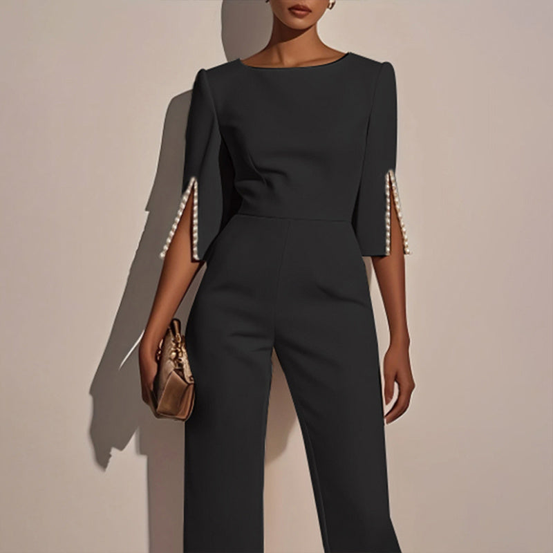 Women's Elegant Round Neck Jumpsuit - Mid-Sleeve With Side Slit Cuffs & Pearl Accents, Back Zipper Design For Casual To Formal Events - Sureru