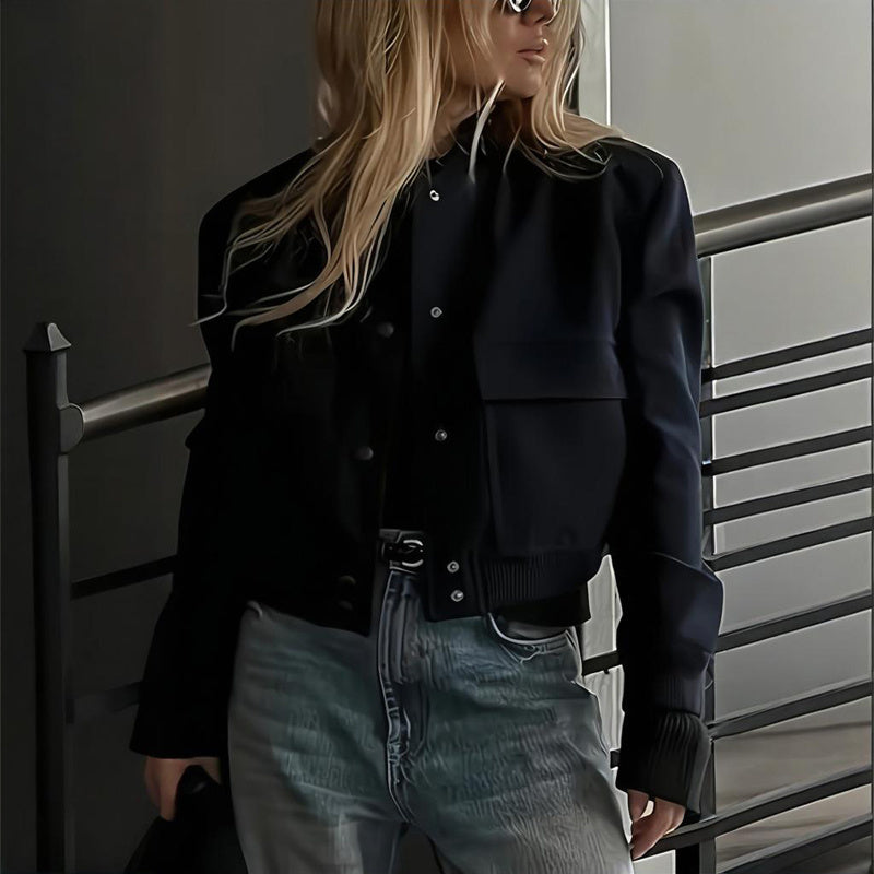 Women's Solid Color Long Sleeve Baseball Jacket With Button Front & Pockets - Casual Short Jacket For Spring&Fall - Sureru