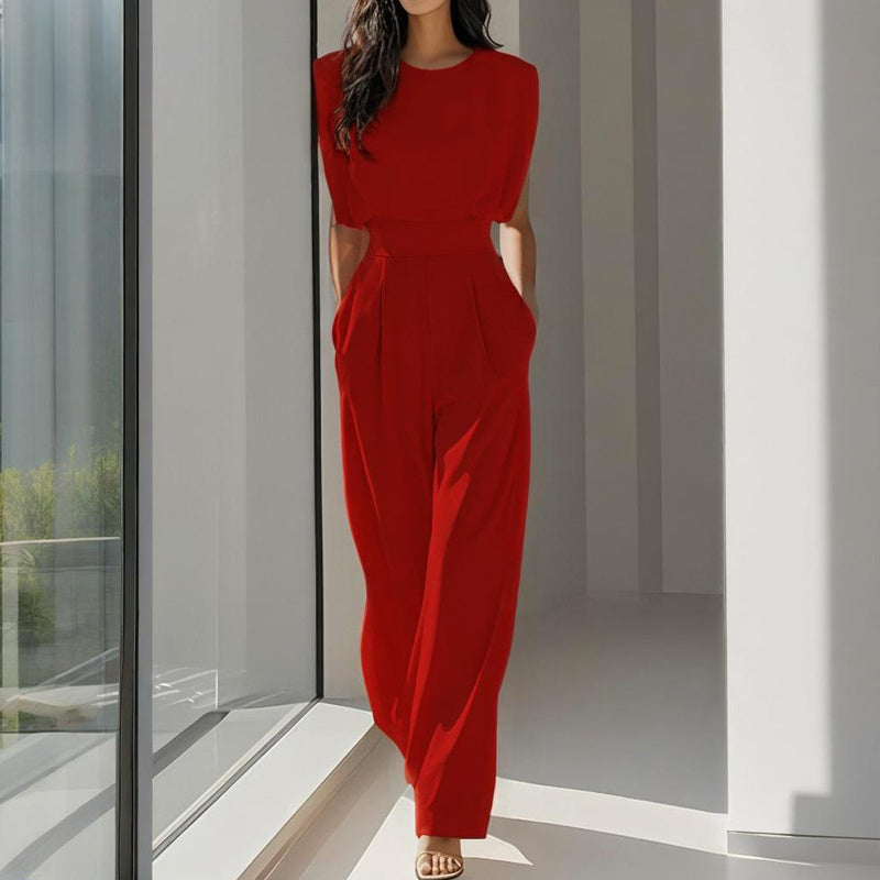 Women's Solid Color Round Neck Short Sleeve Wide-Leg Jumpsuit With Waist Design & Pockets Casual Romper For Spring&Summer - Sureru