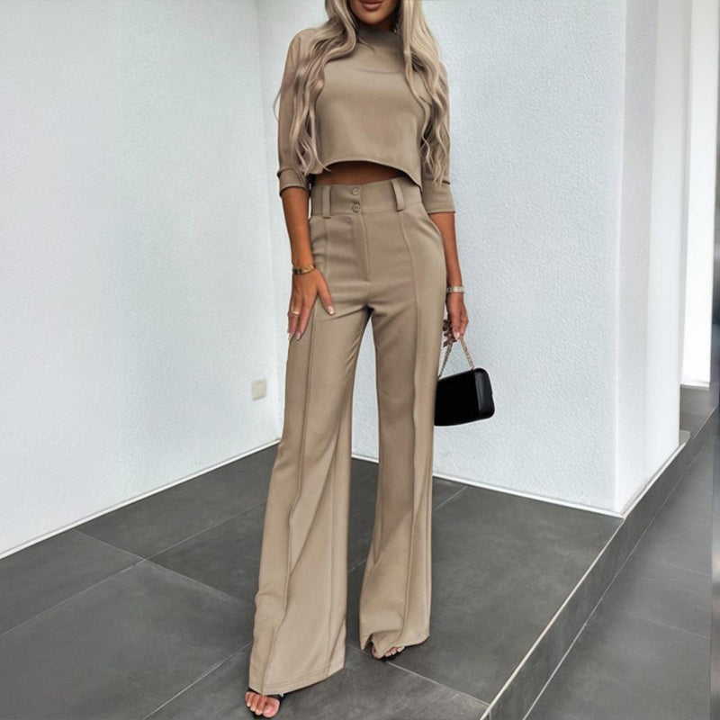 Women's Elegant Solid Color Half Sleeve Short Top With Straight Leg Pants Two-Piece Office Wear Suit With Pockets - Sureru