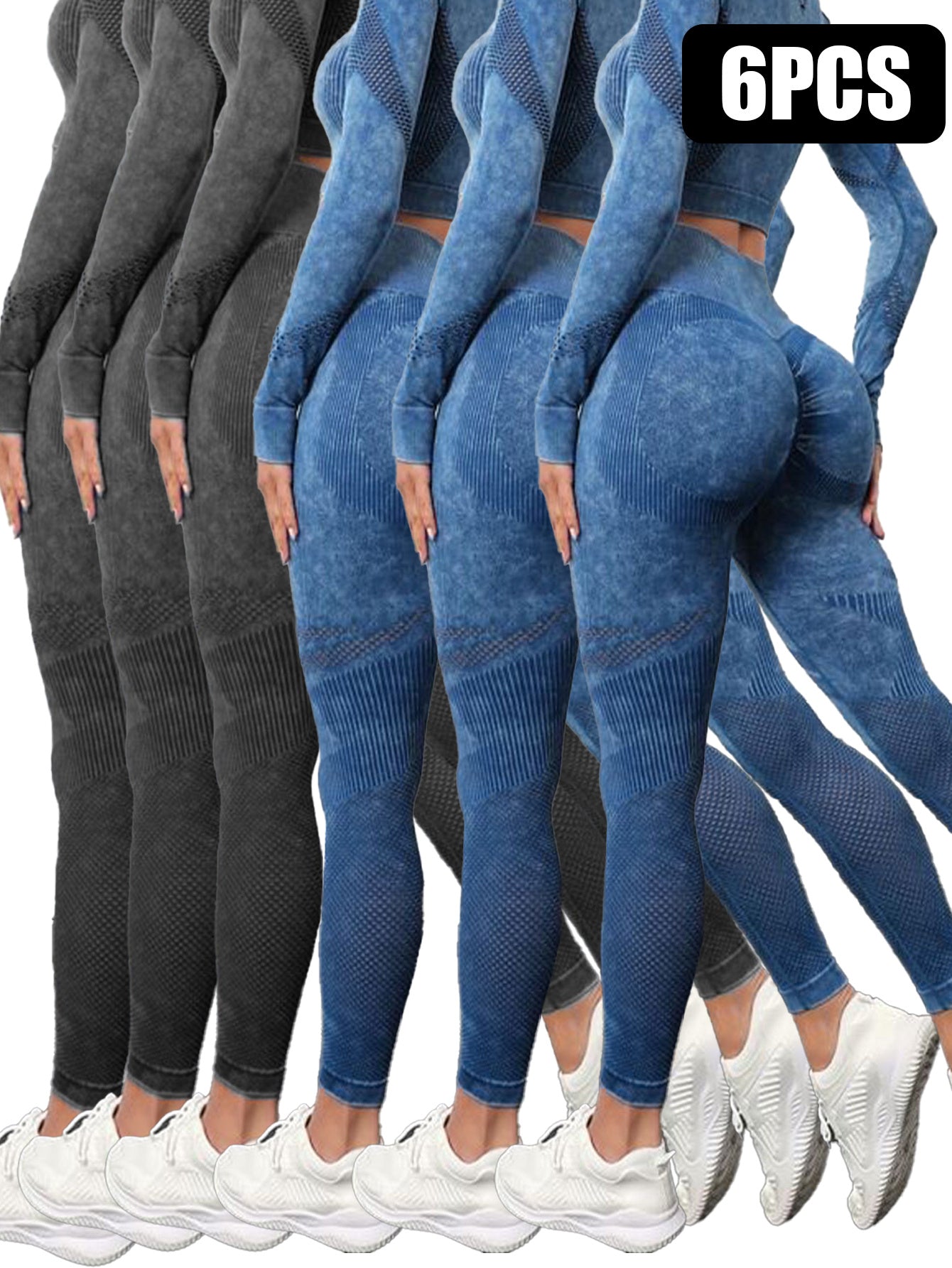 6 Pack Mesh Cut Out Leggings For Women Tights Breathable Workout Tummy Control Pants - Sureru