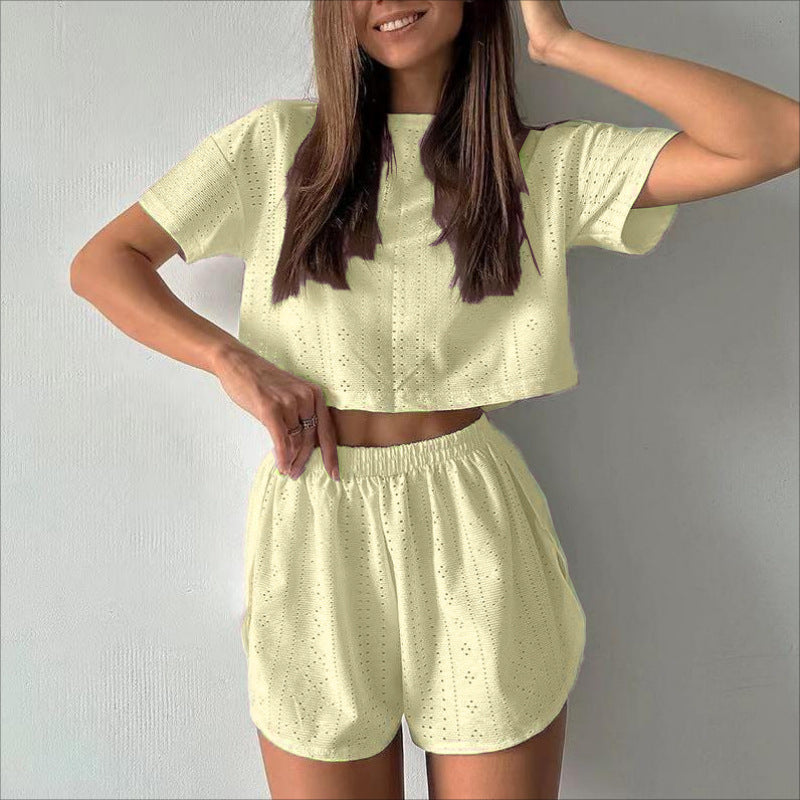☀️ 2-Piece Casual Hollow Summer Set – Crop Top & Slit Shorts - Sureru