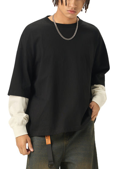 Layered Contrast Sleeve Cotton T-Shirt