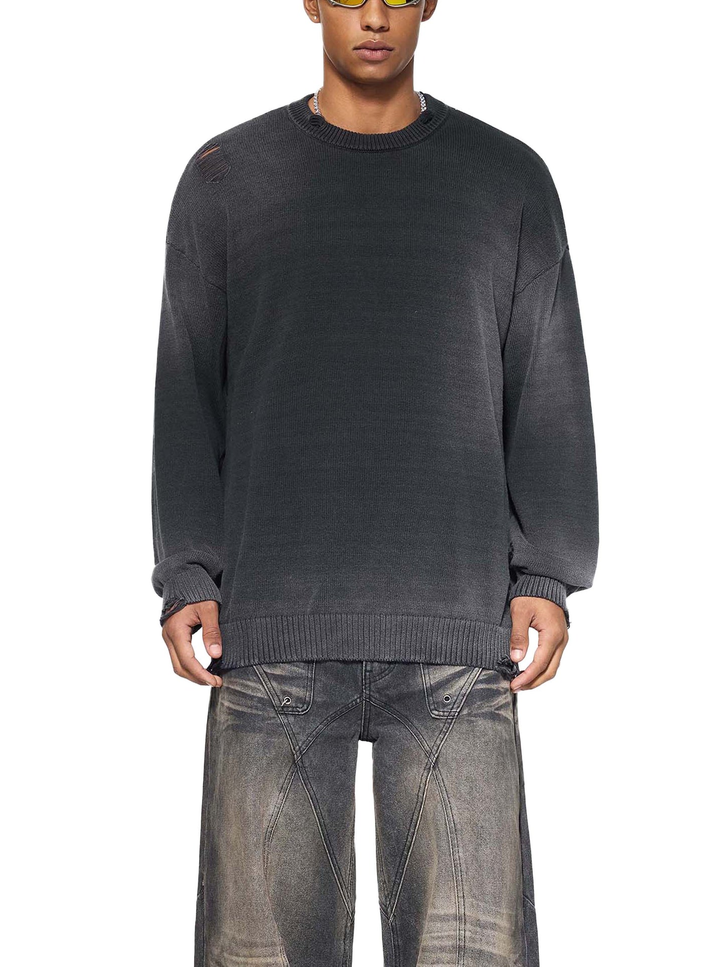 Sun Fade Distressed Ripped Crewneck sweater