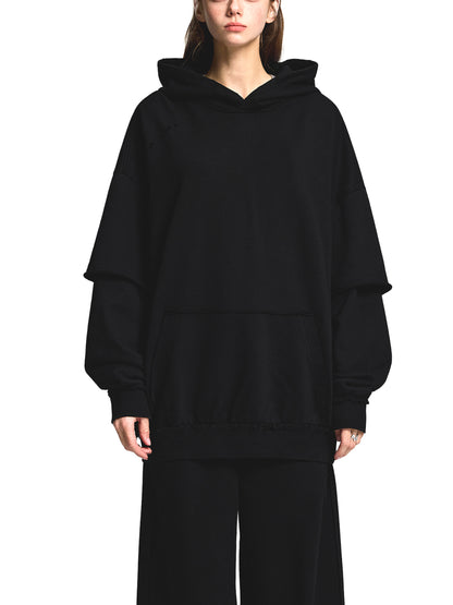 Snow Washed Raw Edge Double Layered Hoodie