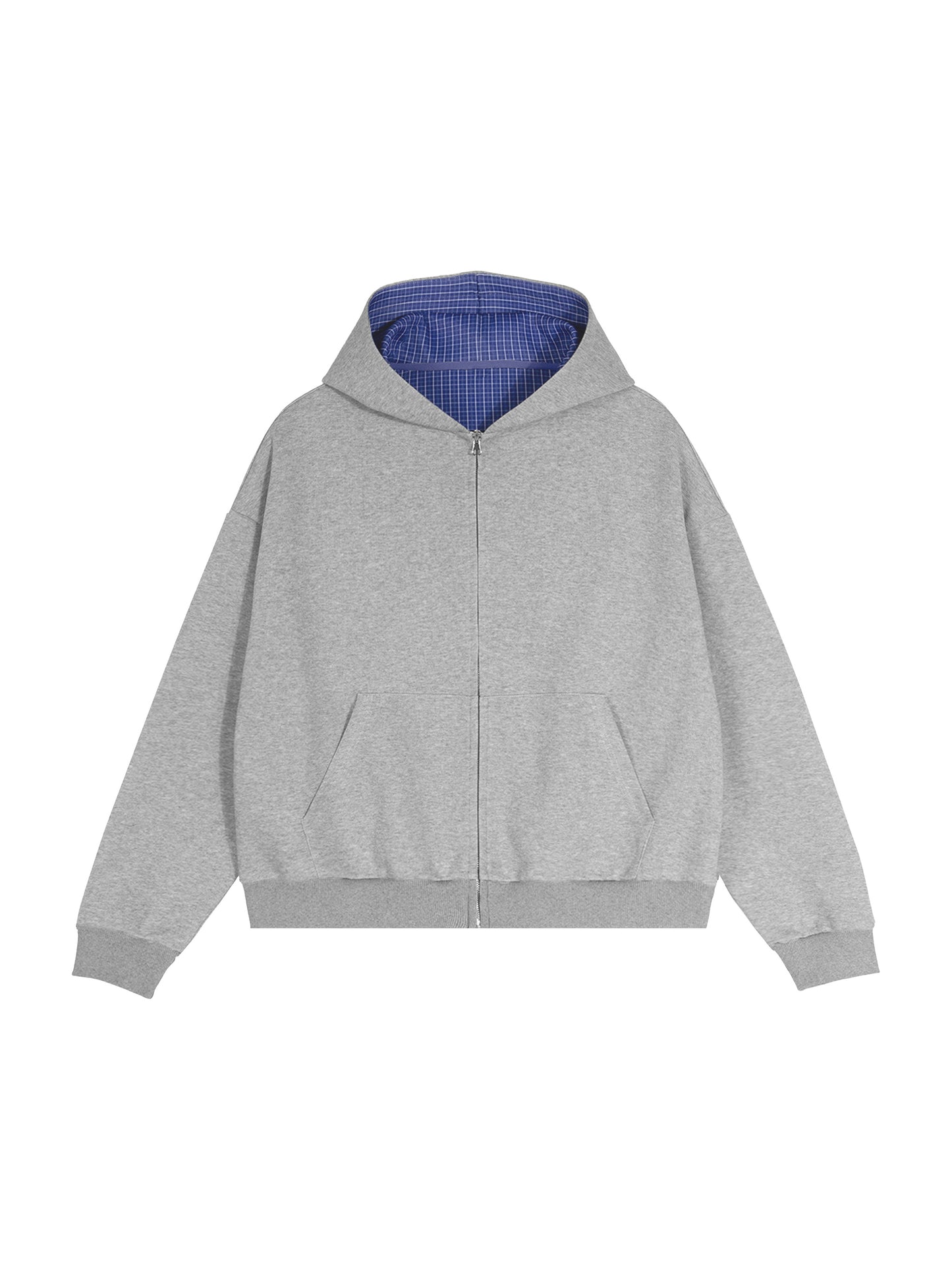 Contrast Plaid Boxy Zip Hoodie