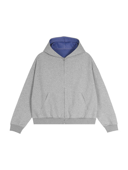 Contrast Plaid Boxy Zip Hoodie