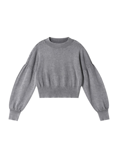 Mineral Wash Balloon Sleeve Cropped Sweater