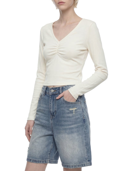 Women's Ruched Long Sleeve Crop T-Shirt